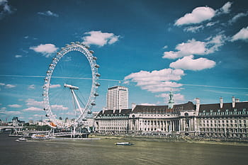 wide, angle shot, sitting, england, Wide angle, shot, London Eye, Southbank, River Thames, London, England, urban