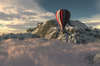 red, white, hot, air balloon, gray, mountain, sky, outdoors, travel, landscape, ballon
