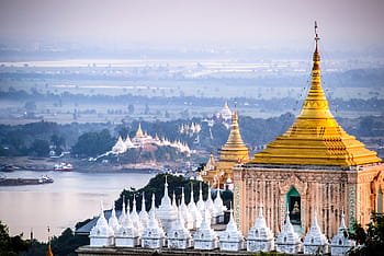 vysoký, úhlové fotografování, béžový, bílý, beton, budova, úhel, fotografování, mandalay, barma, pagoda