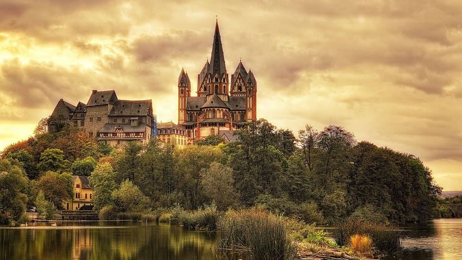gray, orange, castle photo, sunset, limburg, germany, europe