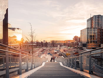 architecture, buildings, infrastructure, sky, skyscraper, tower, morning, sunrise, city, stairs, urban