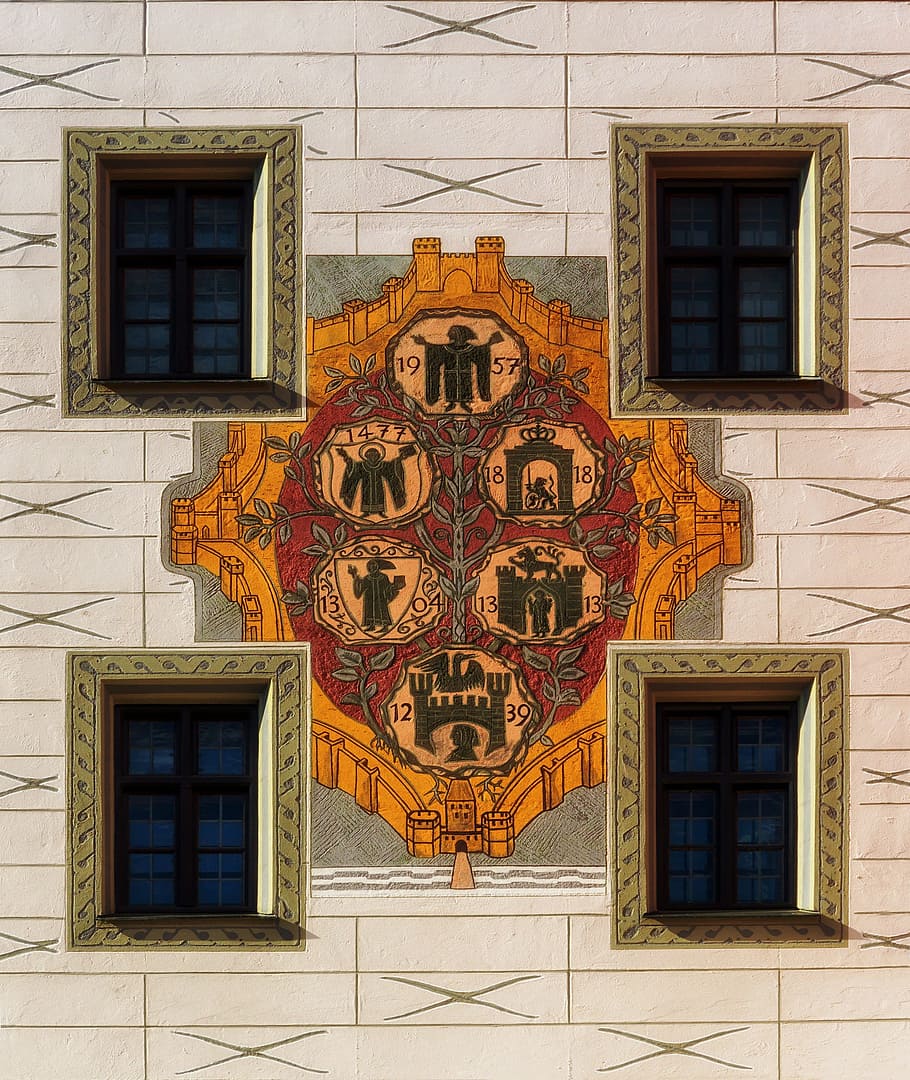 herb, budynek, Monachium, Niemcy, Monachium, Niemcy, fasada, grafika, artystyczny, godło, architektura, Szczegół