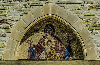 Lintel, Virgin Mary, Mary And Jesus, Panagia, virgin mary and jesus, mosaic, monastery, byzantine, medieval, architecture, 14th century