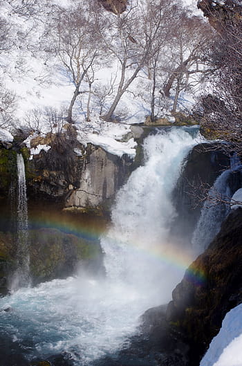 waterfall, cascade, threshold, spillway, winter, mountain stream, mountains, landscape, journey, stones, nature