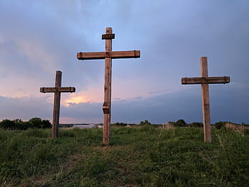 three, brown, wooden, cross, grass hill, easter, crosses, easter sunday, he is risen, mound, jesus