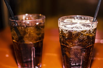 detailní, fotografie, dva, Průhledná, sklenice na pití, whisky, Kola, alkohol, napít se, sklenka, led