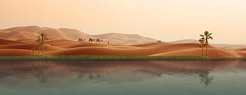 camel walking illustration, oasis, desert, caravan, palm trees, dunes, photo montage