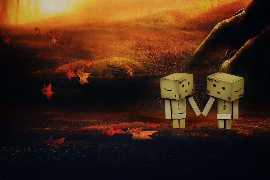 Danbo, Love, Romantic, Connectedness, romance, hold hands, cute, funny, sunset, outdoors, night