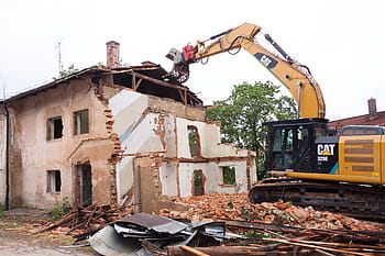 žlutá, kočičí rypadlo, havarijní, Dům, demolice, kolaps, zlomený, stavební sutiny, demolice domu, budova, zřícenina