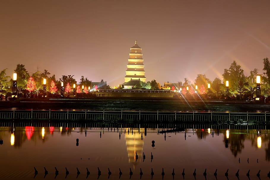 temple, body, water, night, china, the scenery, xi'an, history, the big wild goose pagoda, asia, architecture