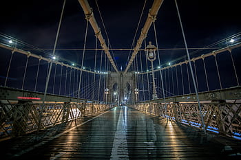 ponte di Brooklyn, architettura, città, notte, buio, luci, lampione, corde