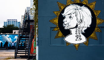 Nahaufnahmen, Frau Wandkunst, Malerei, Frau, Blau, Wand, tagsüber, die Architektur, Gebäude, Infrastruktur, Himmel