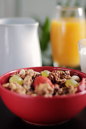 vařené, jídlo, miska, maso, Červené, plastický, müsli, obilovin, snídaně, granola, ovoce