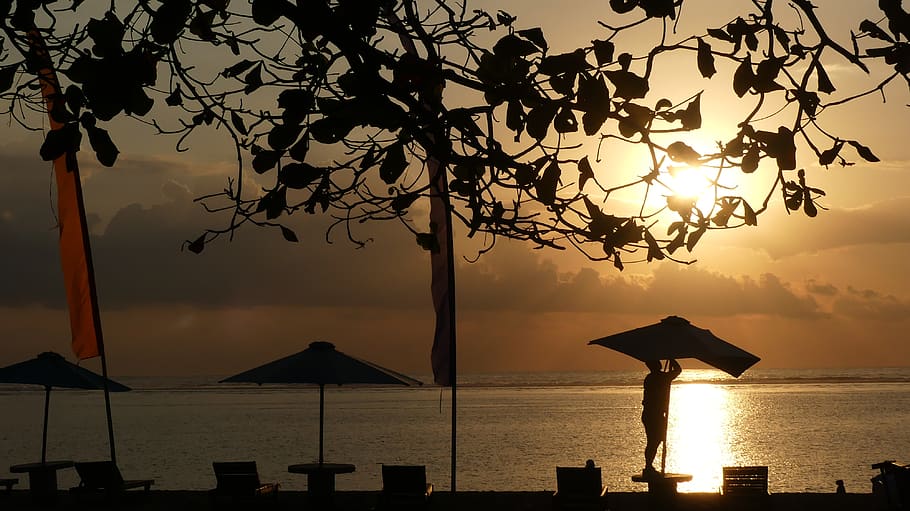 bali, Indonésie, sanur, svítání, hyatt regency, deštník, lehátka, tropický, Dovolená, venkovní, cestovní ruch