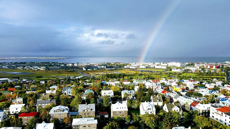 iceland, rainbow, landscape, view, reykjavik, houses, colors, colorful, roof, rooftops, travel