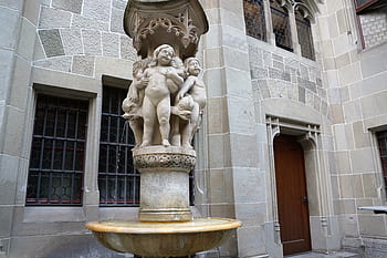 fountain, zurich, fraumünster, religion, holy, water, sculpture, switzerland, garden, summer, art