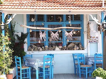 greece, lesbos, plomari, tavern, ośmornice, blue