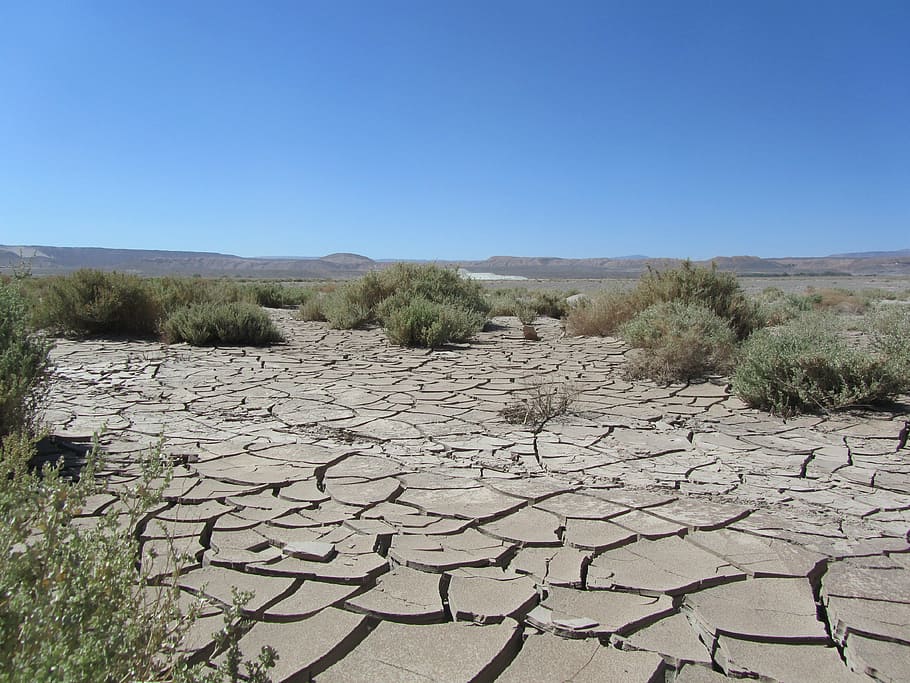 cracked, soil, middle, field, atacama, desert, sky, dry, hot, cracks, polygons