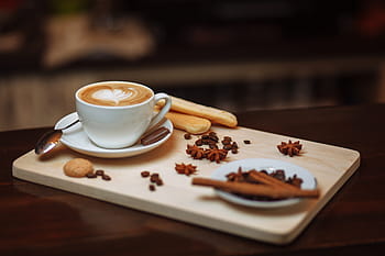 caffè, crema per il cuore, cannella, bastone, bianca, ceramica, piattino, bere, caldo, tazza, cappuccino