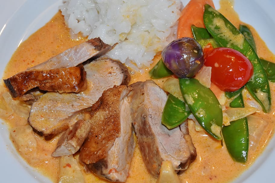 plate, slice meat, vegetable, sauce, Duck, Breast, Vegetables, Beans, duck breast, tomatoes, orange
