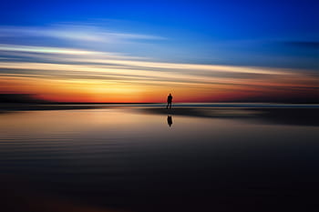 silhouette, man, body, water, sunset, beach, dawn, dusk, hd wallpaper, nature, ocean