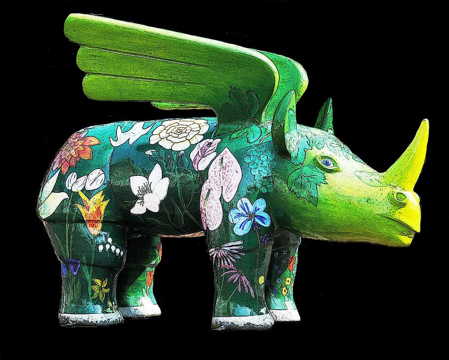 green, multicolored, rhinoceros, wings figurine, rhino, figure, wood, carving, carved, wing, dinosaur