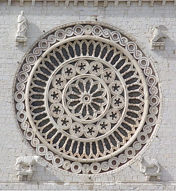 kolo, beton, stavební výzdoba stěn, čtyři, bílý, sochy, růžice, okno růže, bazilika san francesco, ornament, bazilika