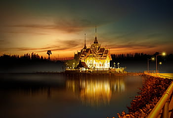 střední, jezero, západ slunce, hrad, starověké, architektura, Asie, atrakce, Bangkoku, buddhismus, buddhista