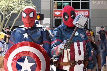 kapitán Amerika, Deadpool, pavoučí muž, cosplay, zázrak, komiksy, komiks, maska, fantazie, hrdinové, kostým