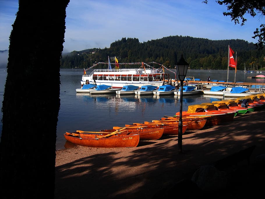 เรือข้ามฟาก, เรือ, ท่าเรือ, ชายหาด, ทะเลสาป, ป่าดำ, Titisee, น้ำ, ไป