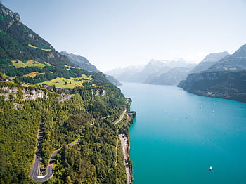 lake, blue, water, green, trees, plants, clouds, sky, landscape, mountain, highland