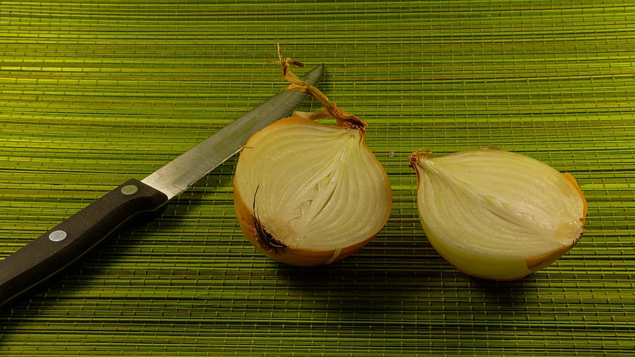 cibule, jídlo, vaření, nůž, zeleniny, polovina, půlky, kuchyně, čerstvý, přísada, drsný