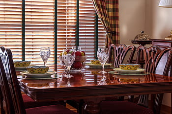 rectangular, brown, wooden, dining table, dinner table, table, chairs, soup bowls, china, plates, stemware