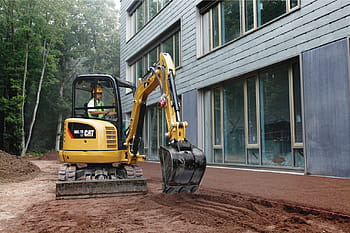 man, using, black, yellow, excavator, cat, 302, 7d, mini excavator, caterpillar, construction machinery
