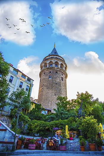 worm, eye view, galata tower, wiev, tower, landscape, istanbul, sky, light, turkey, galata