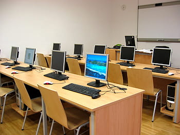 stolní počítač, dřevěný, lavice, třída, počítač, učení se, studovat, elearning, studie, vzdělání, počítačový monitor