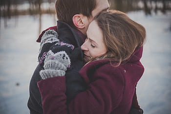 people, man, woman, couple, hug, love, snow, winter, cold, weather