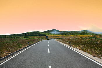 view of pathway, gray, asphalt, road, street, travel, trip, mountain, trees, green, grass