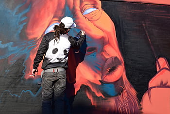 man, drawing, graffiti, wall, daytime, art, mural, colorful, painting, people, spray