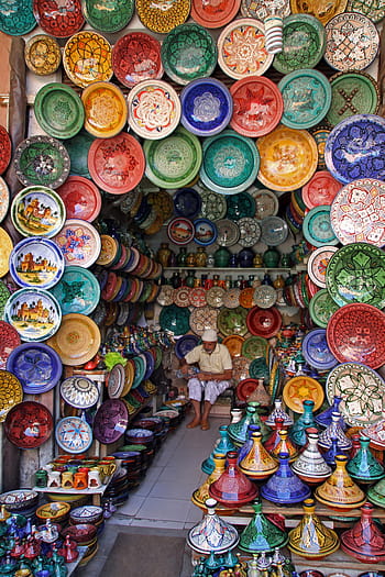dekorativní, desky, váza hodně, marrakech, marocký, trh, cestovat, barvitý, ruční, kultur, vícebarevné
