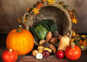 variety of vegetables, pumpkin, vegetables, autumn, october, basket, savoy, potato, yam, onion, garlic