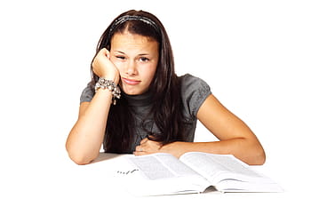 woman, wearing, gray, shirt, front, open, book, bored, college, education, female
