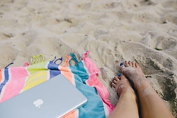一緒に、 ビーチ、 砂、 夏、 コンピューター、 macbook、 ラップトップ、 毛布、 休日、 休暇、 アウトドア