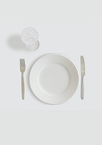 일주, 화이트, 세라믹, 플레이트, 빗나가서, 버터 칼, 포크, 명확한, 도보 유리, 그릇, 유리 잔