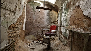 holič, židle, salon, mužský, vězení, zapomenutá místa, zřícenina, buňka, starý, vězeňství, historický