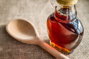 Průhledná, skleněná láhev, kapalný, vedle, dřevěný, špachtle, javor, sirup, jídlo, Lahodné, Chutný