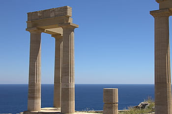 Řecko, rhodes, lindos, akropole, sloupovitý, chrám, kámen, moře, nebe, architektura, řecký