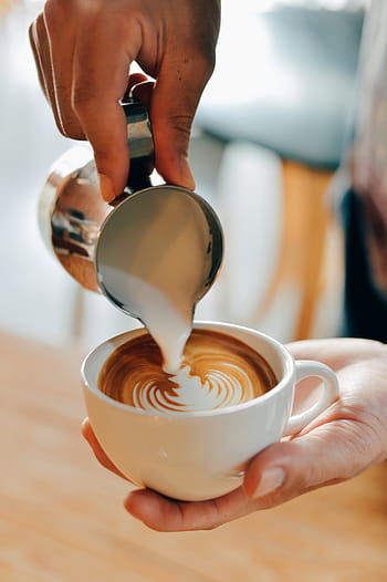 person, pouring, cream, cappuccino coffee, hand, palm, steamed, milk, coffee, latte, art