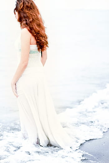 woman, standing, beach, daytime, sea, ocean, water, waves, nature, white, dress