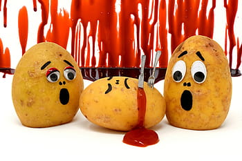 drei, Kartoffeln, Oberfläche, Ketchup, Mord, Blut, lustig, Spaß, Messer, töten, Gabel